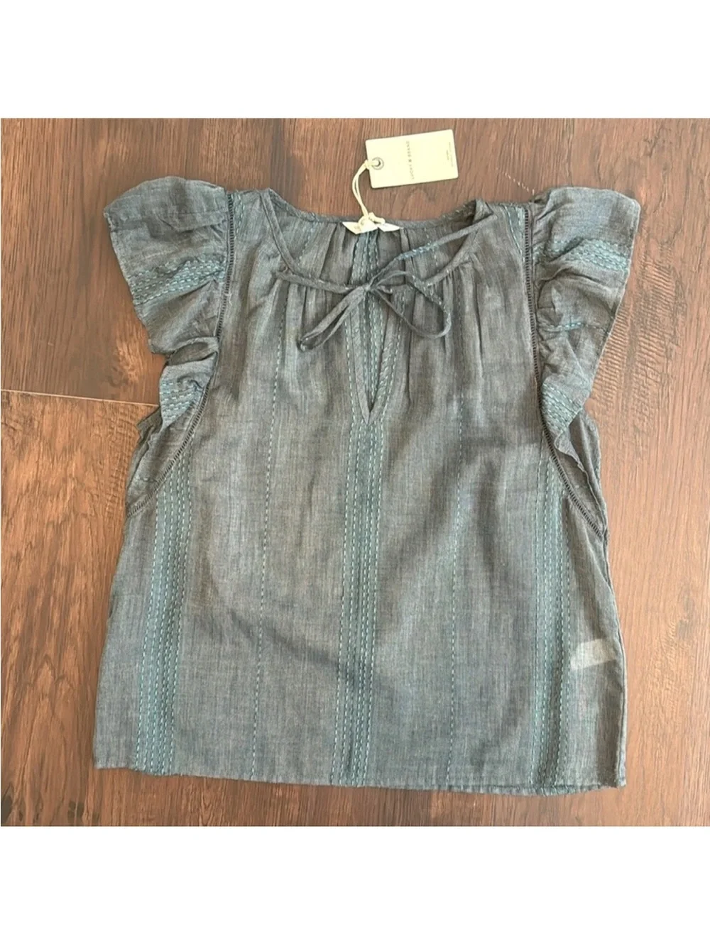 Lucky Brand Womens Top Ruffle Short Cap Sleeve Tie Neck Lightweight Blue NWT
